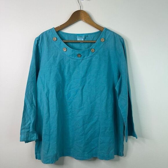 Hot Cotton Linen Button Neck Coastal Turquoise Blue Top XL Casual Boho Pullover - Picture 1 of 9